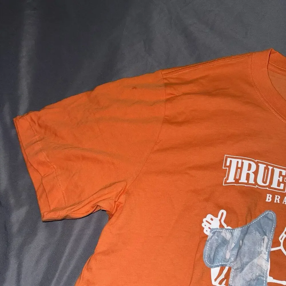 True Religion Buddha Denim Fill Tee Graphic Logo SS Crew Neck T-Shirt Orange XL